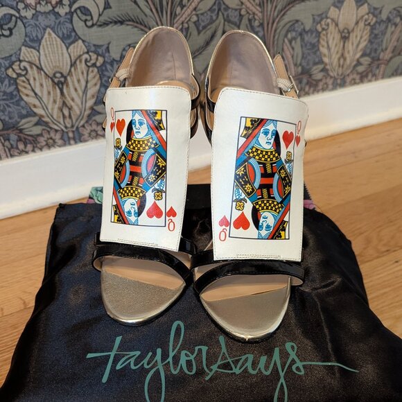 Champagne & Black Poker T-Strap Heeled Sandals with Printed Outsole, Size 10 - Picture 1 of 5
